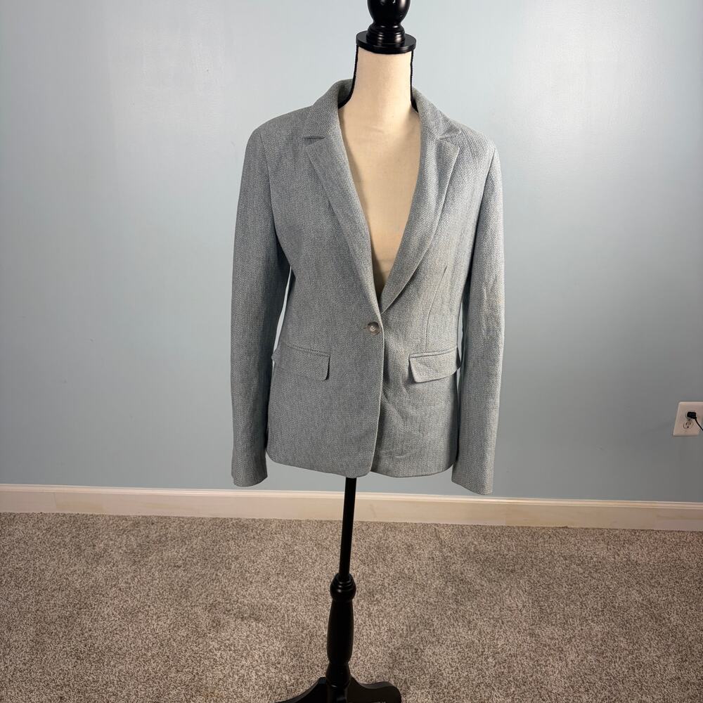 LOFT Herringbone Blazer Women's 8 Gray Blue Elbow Patch Academic Equestrian
